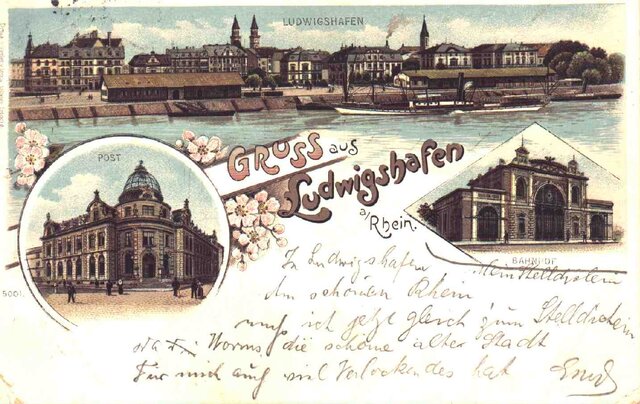 Lithografie mit Rheinufer, Stadtmitte, Postamt und Bahnhof.