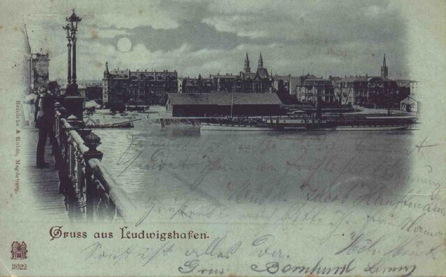 Postkarte Rheinbrücke mit Stadtansicht, Mondscheinkarte.