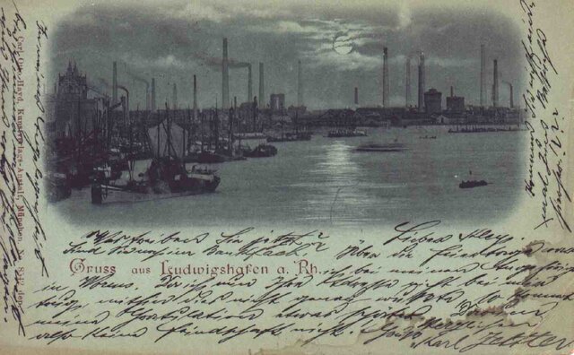 Postkarte Rhein mit Blick auf die BASF, Mondscheinkarte.