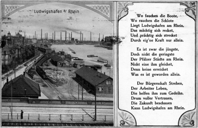 Postkarte Rheinpartie mit Stromhafen und Gedicht über die Arbeiterstadt, um 1905